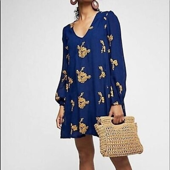Free People Floral Embroidered Open Back Swing Dress Long Sleeve blue Small - Picture 1 of 8